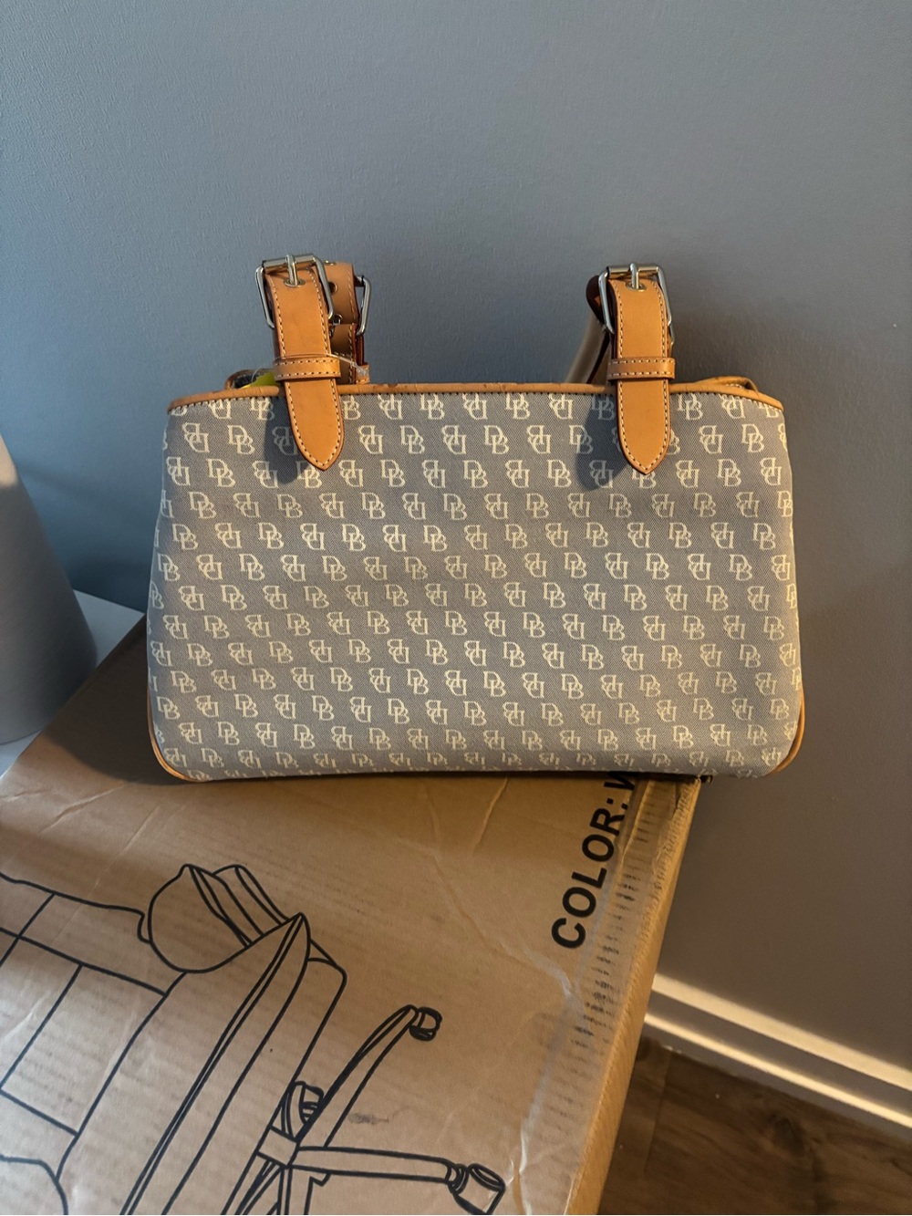 Dooney & Bourke Beige Monogram Shoulder Bag with Tan Trim